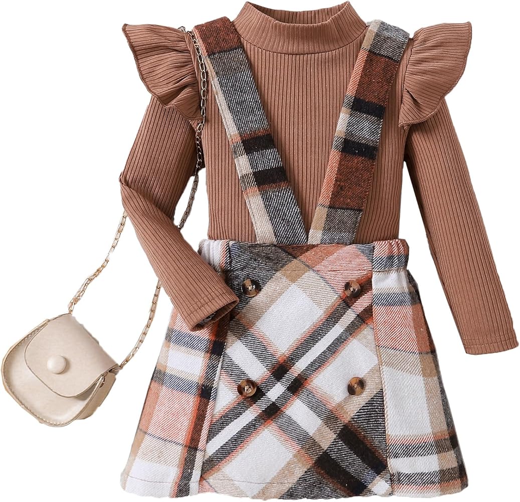 AMMENGBEI Toddler Girl Fall Winter Outfit Ribbed Knit Ruffle Sleeve Tops+Plaid Suspender Skirt 2Pcs Clothes Set