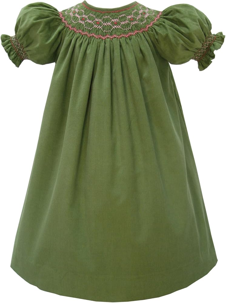 Girls Hand Smocked Holiday Fall Bishop Dress Green Corduroy