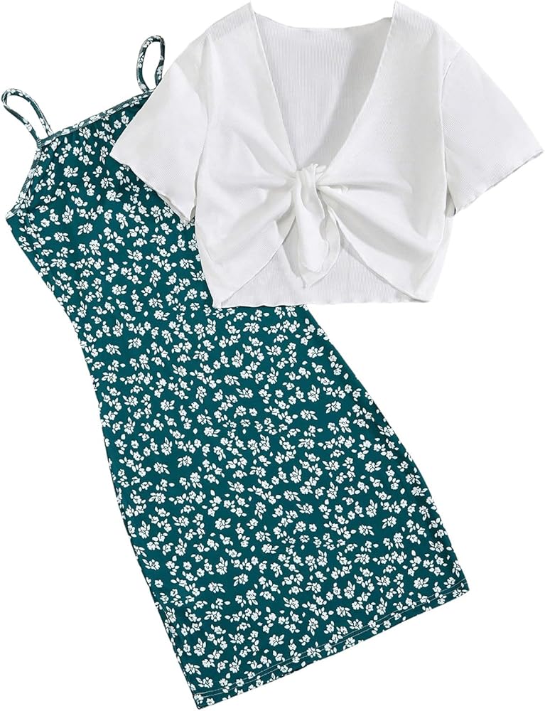 Floerns Girl's 2 Piece Outfits Floral Print Spaghetti Strap Dress and Short Sleeve Lettuce Trim Tie Front Tops Sets