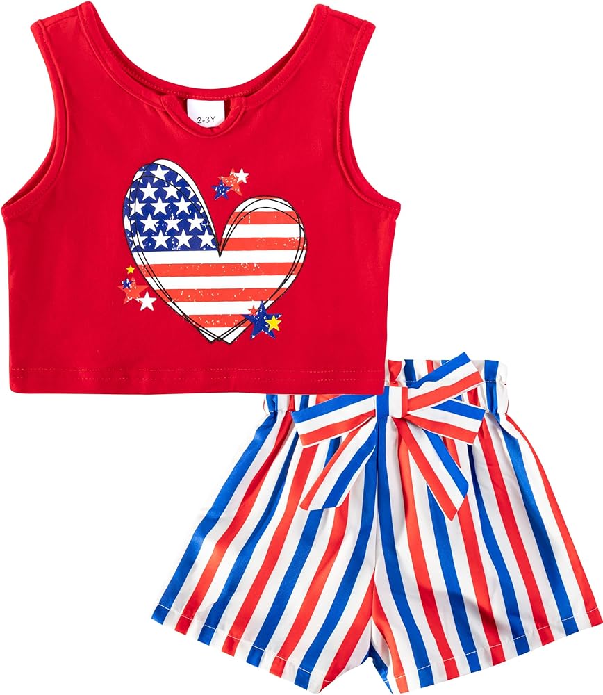 Toddler 4th Of July Outfit Girl Cute Ruffle Red Top Star Stripe Shorts Patriot Set