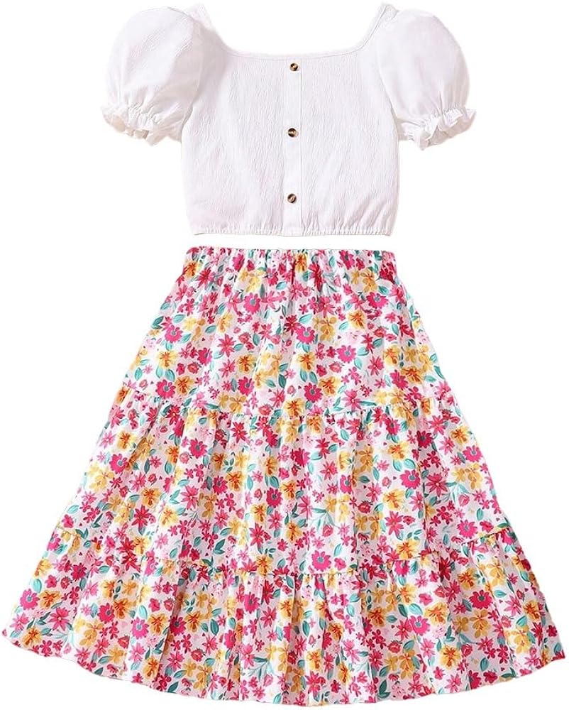 Girls 2 Piece Outfit White Bubble Lace Sleeve Top Fragmented Flower Print Skirt Two Piece Set 8-12 Years