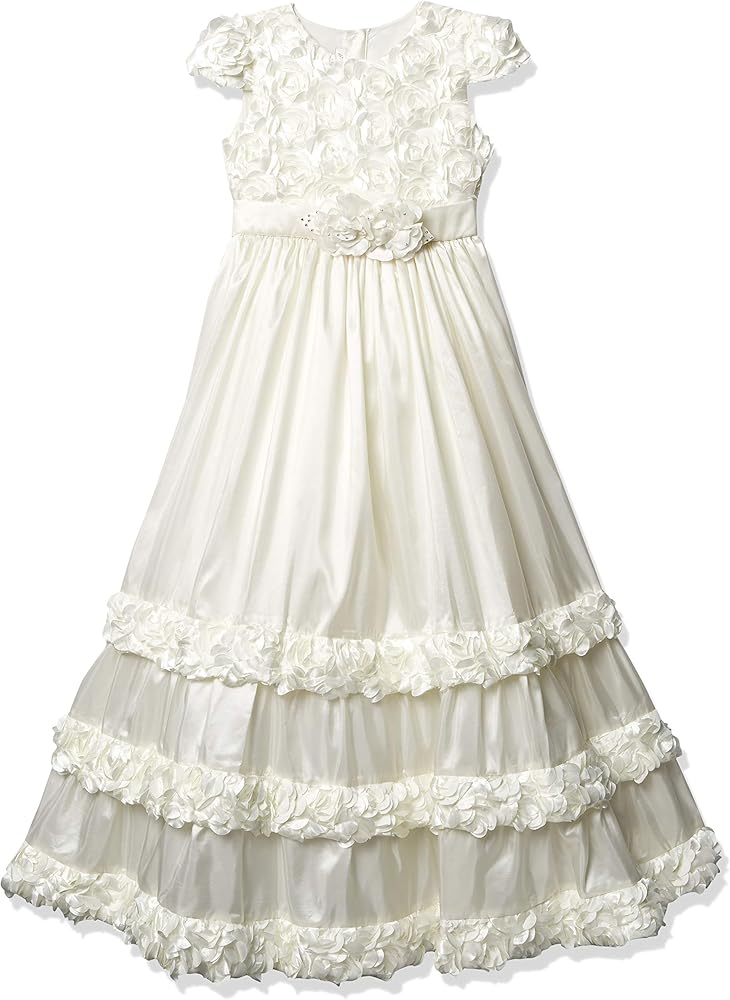 Girls' Cap Sleeve Flower Tiered Communion Dress