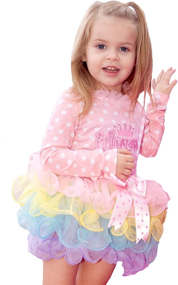 Petitebella Princess Print Light Pink White Dot L/s Top Rainbow Petal Skirt Girl Set Nb-8y