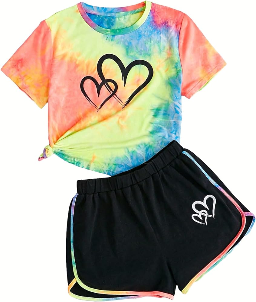 SHENHE Girl's 2 Piece Outfits Tie Dye Graphic Crewneck Short Sleeve Tee and Loose Shorts Set