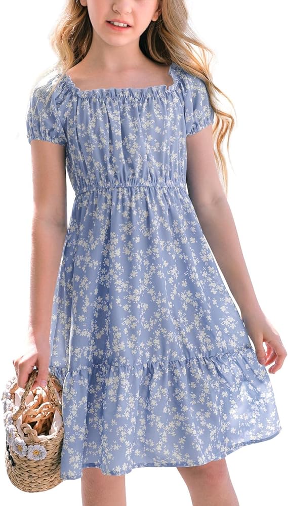 Girls Summer Dress Kids Floral Square Neck Puff Sleeve A-Line Midi Dresses