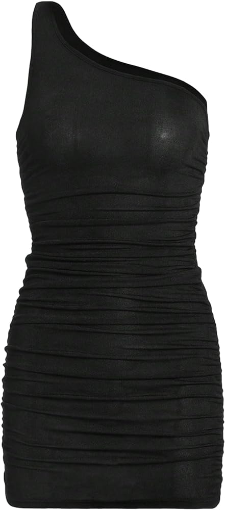 OYOANGLE Girl's Textured One Shoulder Sleeveless Ruched Bodycon Pencil Short Dress Summer Tank Dresses Black 12-13Y