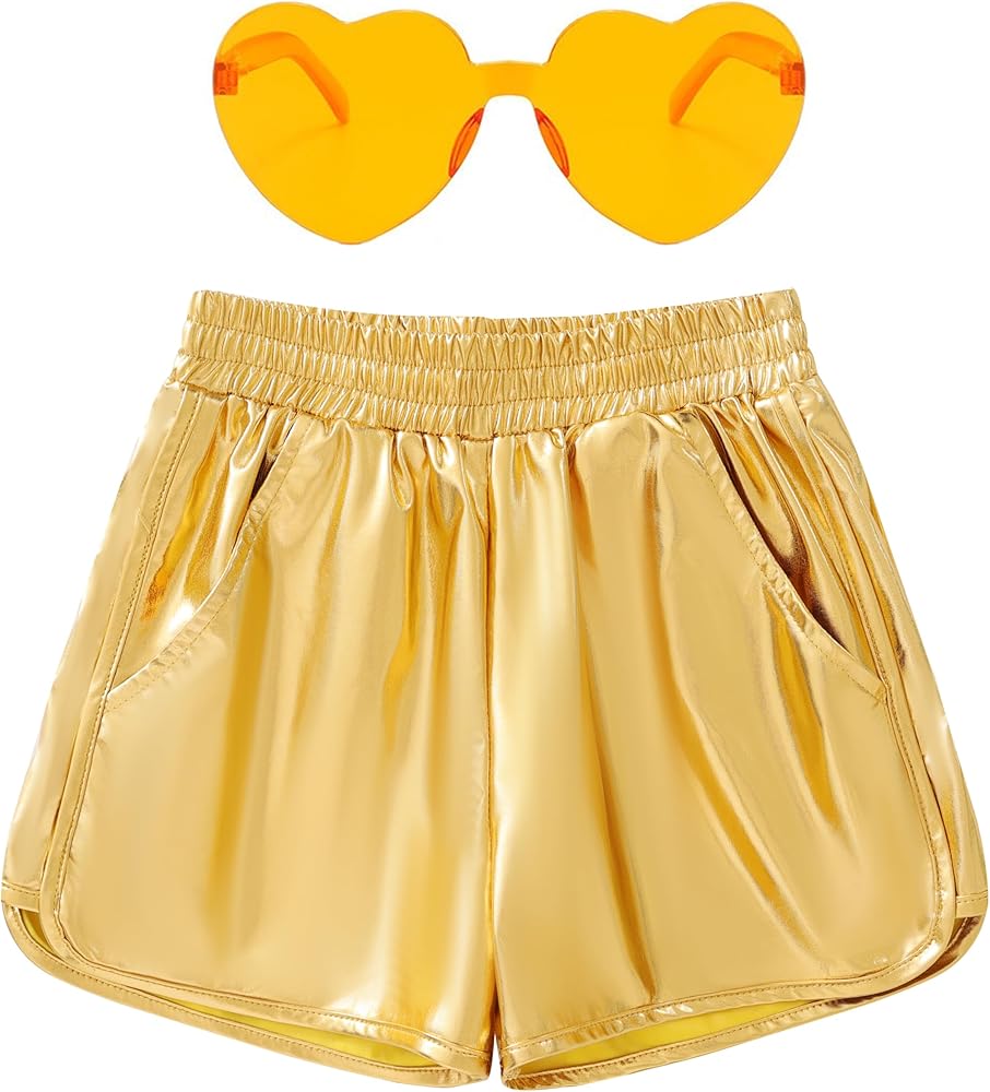 Girls Metallic Shorts Sparkly Hot Festaval Outfit With Hear-Shaped Same Color Sunglasses