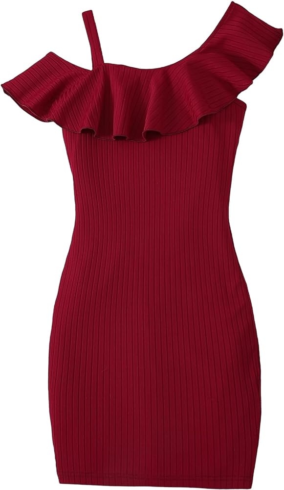 COZYEASE Girls' Ribbed Knit Ruffle Trim Pencil Dress Solid Asymmetrical Neck Fitted Mini Dress Burgundy 10-11Y-CEHGJ20240626