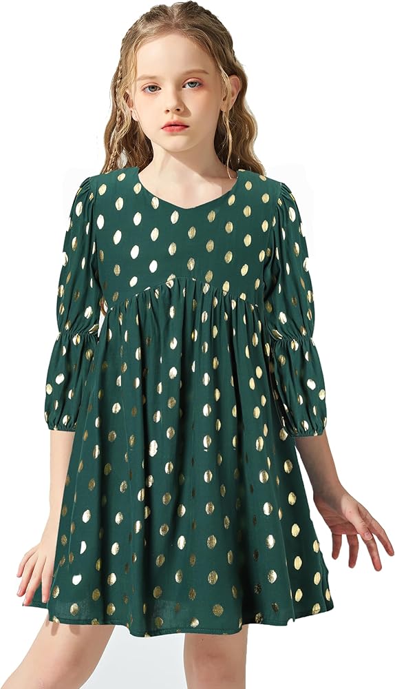 J·E Sterguard Girls' Long Sleeved Fall Dresses with Gilded Polka Dots and High Waisted Fashionable Autumn and Winter Dress