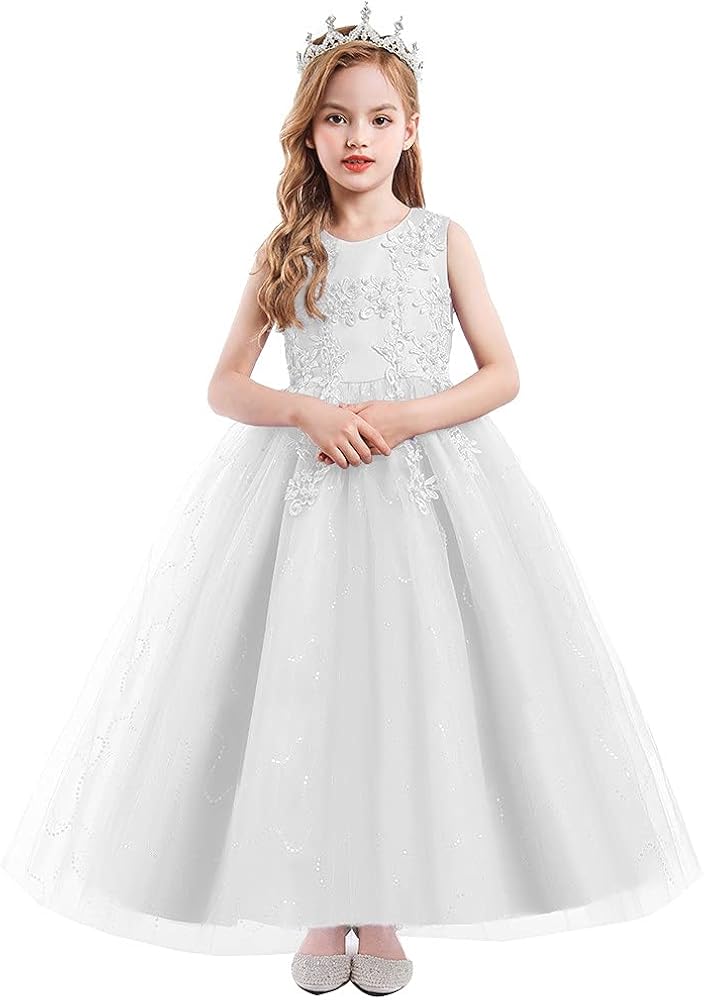 Flower Girls Lace Applique Wedding Sequins Dress Princess Pageant Communion Birthday Xmas Party Evening Tulle Gown