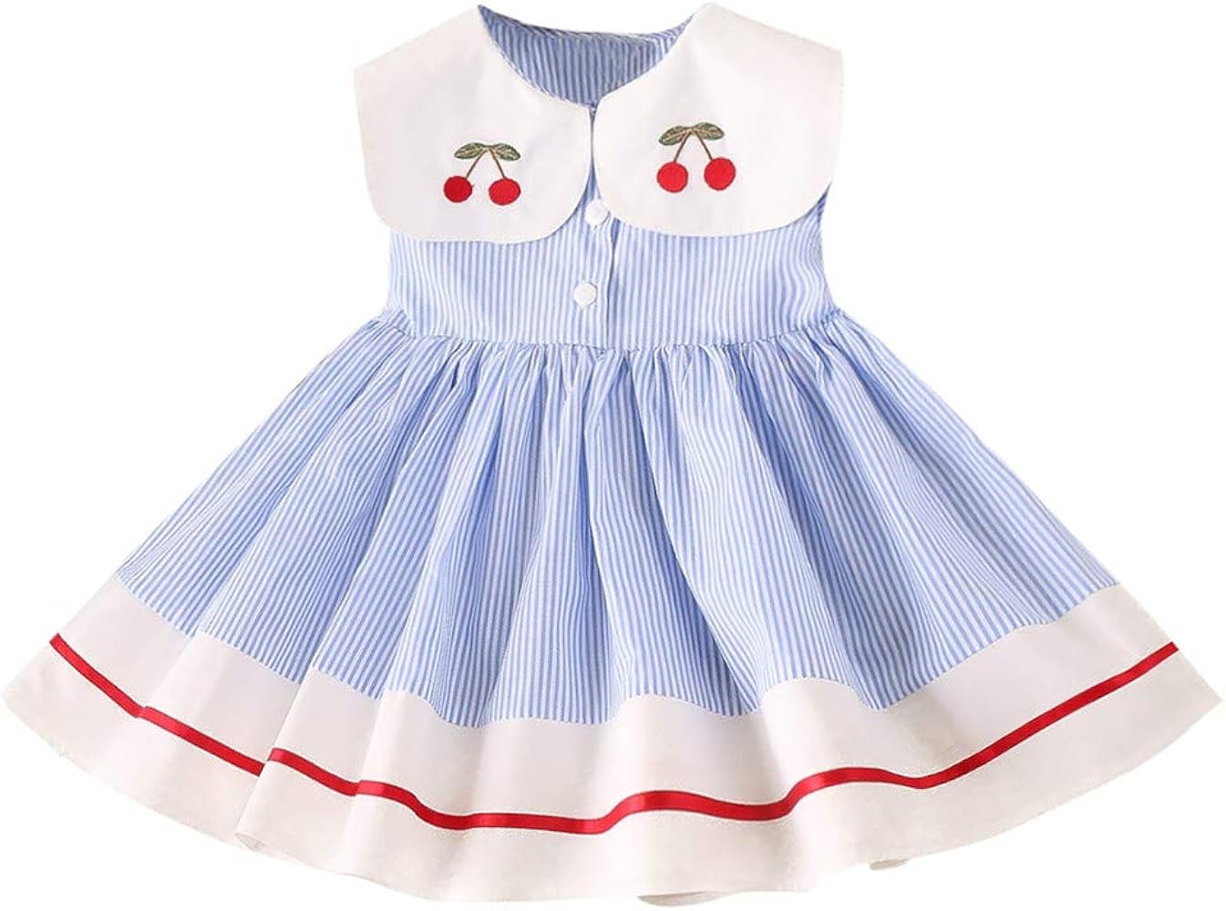 Toddler Kids Baby Girls Sleeveless Stripe Party Princess Dresses for 2-7 Years,Doll Collar Cherry Embroidered Dress