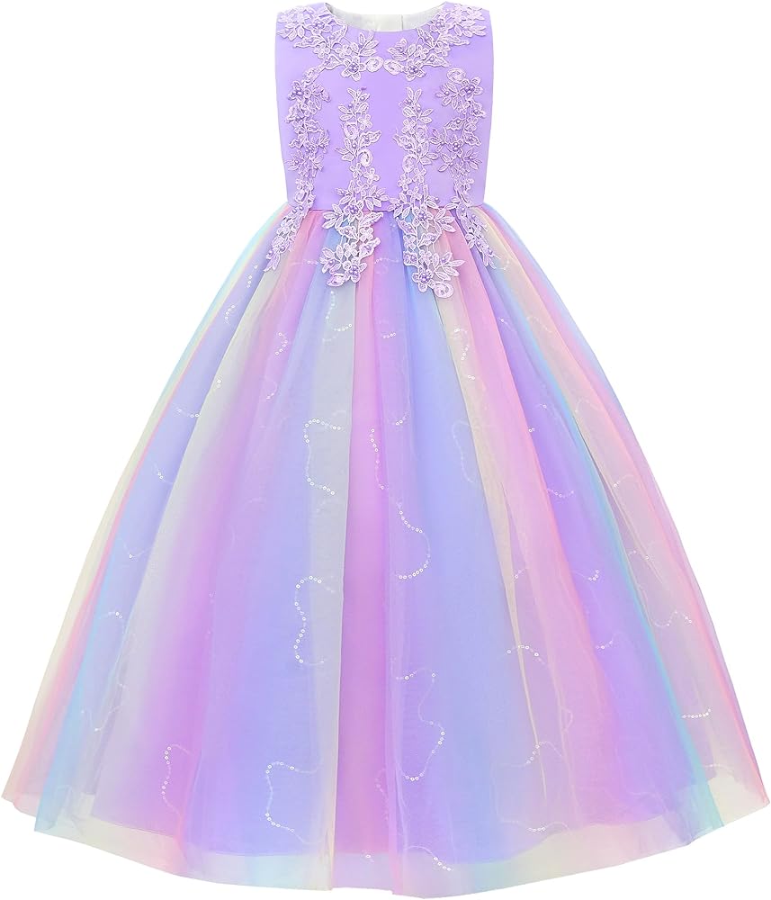 Uhnice Flower Girl Dress Embroidery Rainbow Ball Gown for Wedding