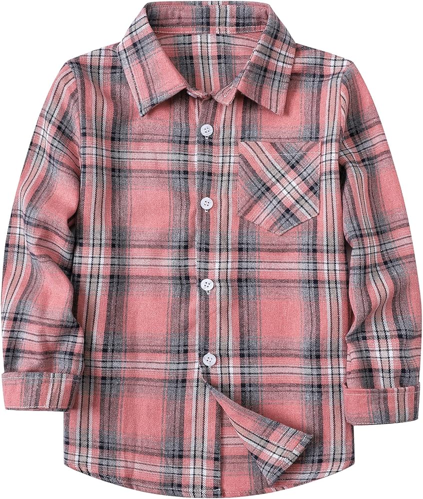 Betusline Girls' Flannel Plaid Shirt Button Down Long Sleeved Shirts