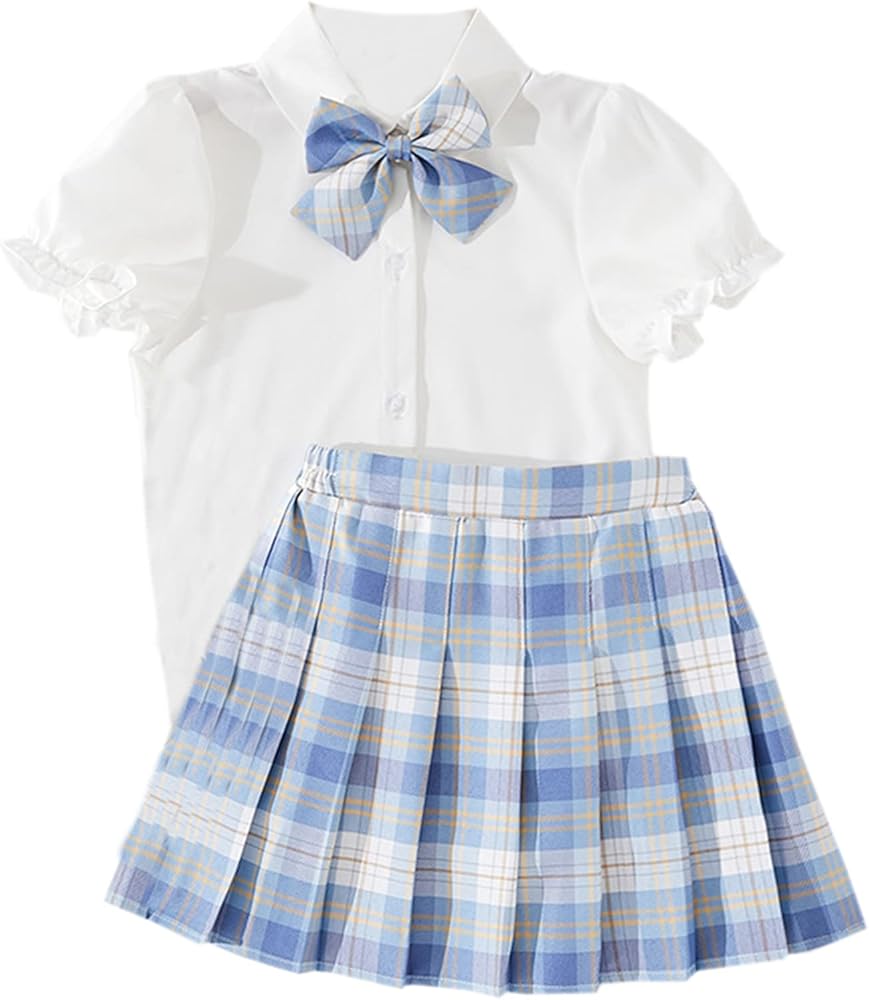 Kids Girls School Uniform JK Skirt Outfit, White T-Shirt and Plaid Pleated Skort Set, A-Blue, 11-12 Years = Tag 170