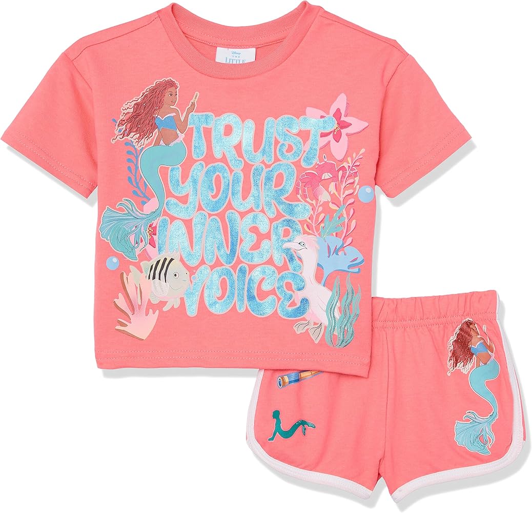 Disney Girls the Little Mermaid Movie Girls French Terry Tee & Short Set - Ariel, Flounder, SebastianTee & Short Set