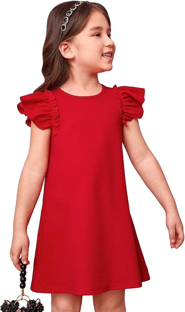 OYOANGLE Girl's Cute Ruffle Cap Sleeve Crew Neck Straight Short Dress Casual Tunic Dresses