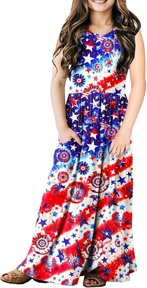 Deerose Girls July 4th Maxi Dress American Flag Sleeveless Dresses with Pockets 5-14 Years