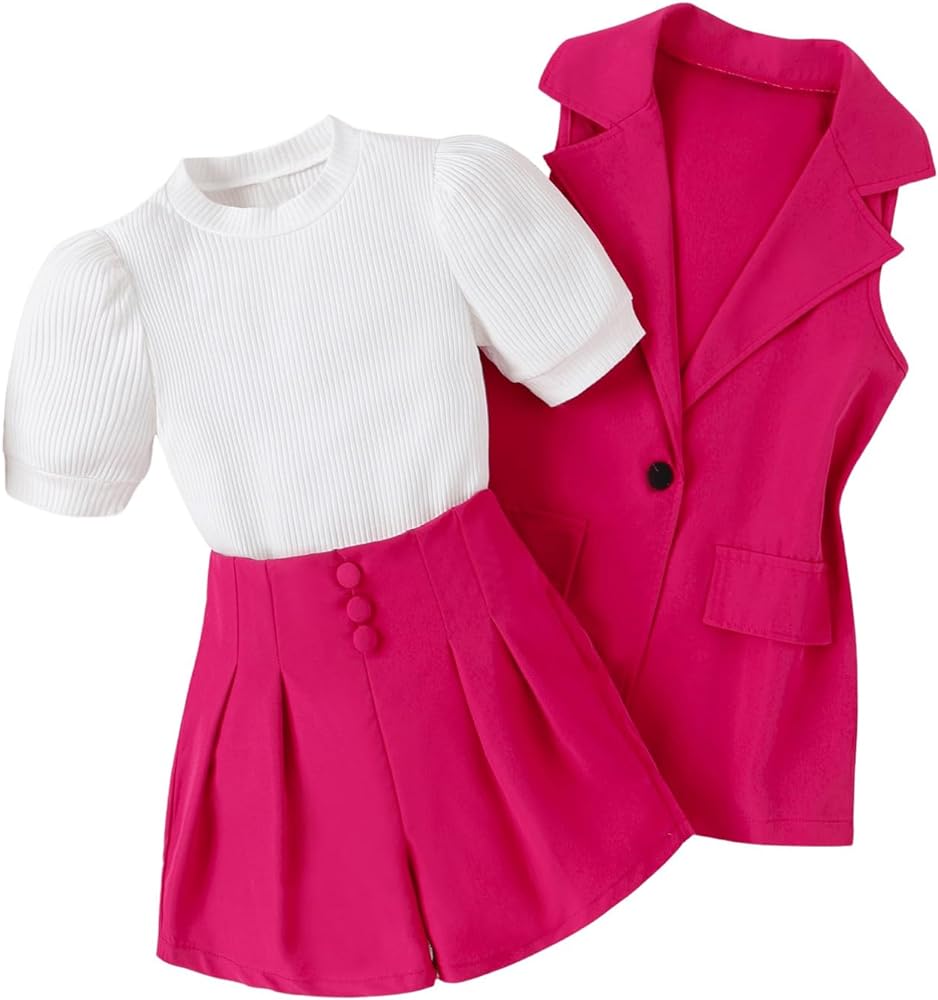 Milumia Girl's 3 Piece Outfits Puff Sleeve Ribbed T Shirt and Pleated Shorts with Vest Blazer