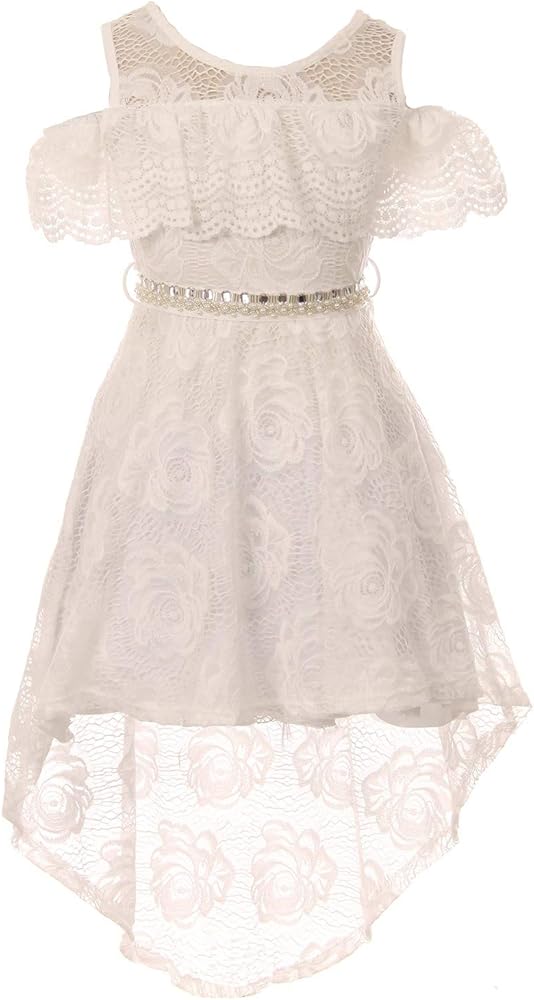 Girls Off Shoulder Hi-Lo Floral Lace Rhinestone Flower Girl Swing Summer Dress USA 4-16