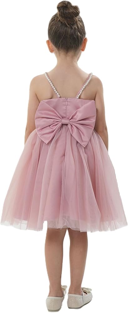 2Bunnies Girl Toddler Satin A-Line Pearl Strap Bow Tulle Flower Girl Dress