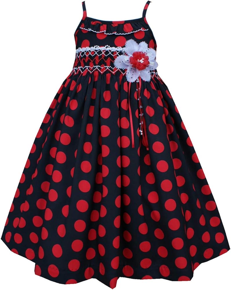 Spaghetti Strap Girls Hand Smocked Summer Dress Black Red Polka Dots