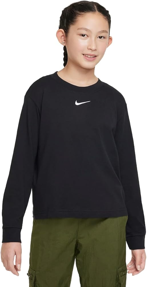 Nike Sportswear Essential Big Kids' (Girls') Long-Sleeve T-Shirt (US, Alpha, Large, Regular, Black/White)