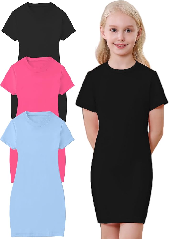 Mebius 3 Pack Girls Basic Short Sleeve Bodycon Dress T Shirt Casual Crewneck Tee Shirt Solid Color Dresses