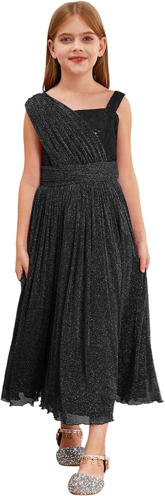 YiZYiF Kids Girl's Sparkly Shimmer Formal Dress Sleeveless Asymmetrical Elegant A-Line Maxi Dresses