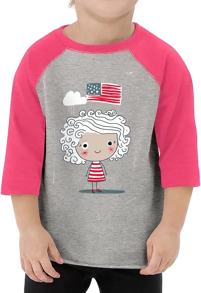 Cute American Flag Toddler Baseball T-Shirt - Cartoon Print 3/4 Sleeve T-Shirt - Cute Kids' Baseball Tee