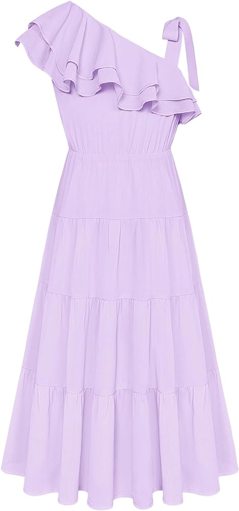 GRACE KARIN Girls Spring Summer One Shoulder Casual Dress Twirly Ruffle Sleeve Formal Dresses Maxi Dress Size 5-12Y