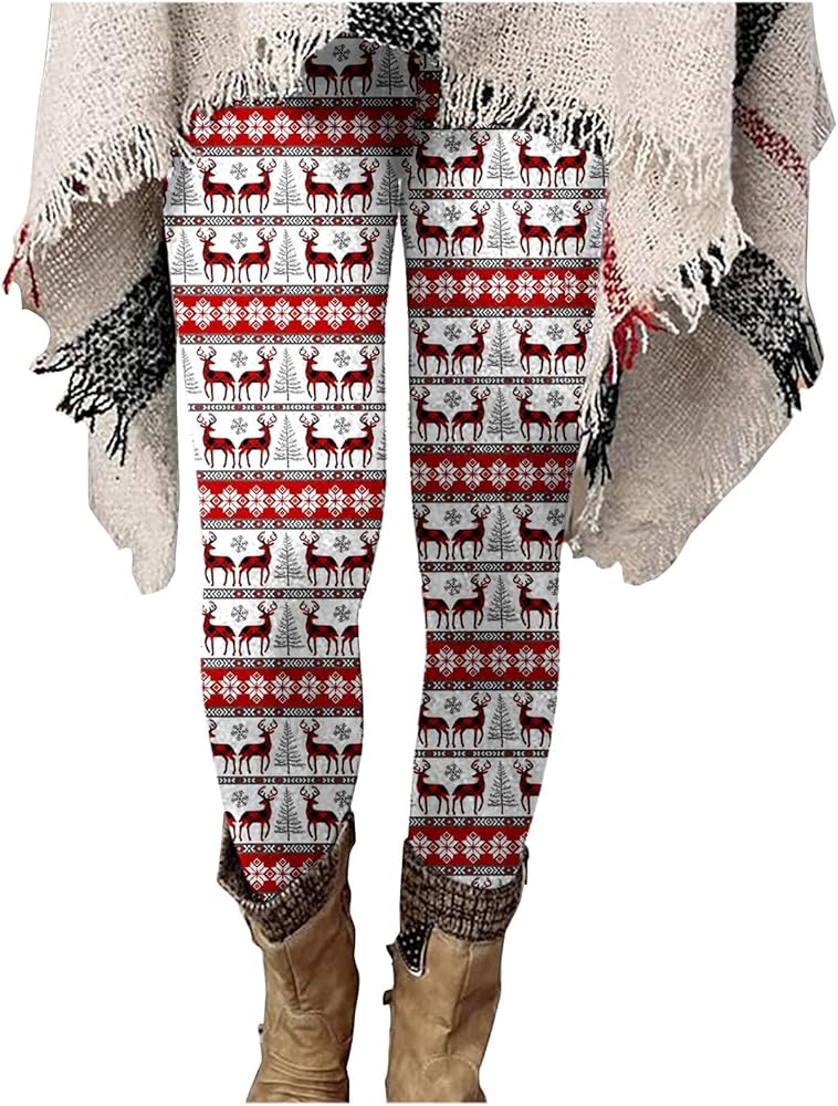 Snowflake Christmas Tree Warm Leggings Sherpa Fleece Lined Tummy Control Slim Pants High Waist Workout Soft Tights