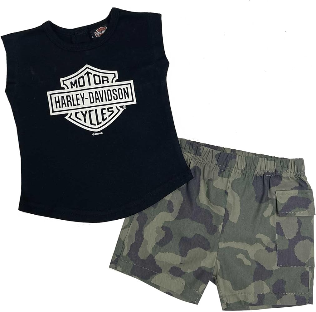 Harley-Davidson Little Girls' 2 Piece Toddler B&S Muscle Tee & Camo Short Set