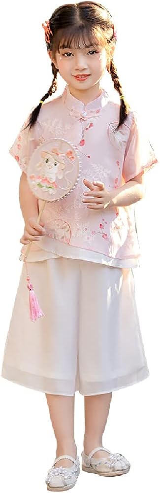 Quenny Girls' Chinese Style Tang Suits,Summer New Girls' Short-Sleeved Retro Buckle Plum Blossom Embroidered Two-Piece Suits.