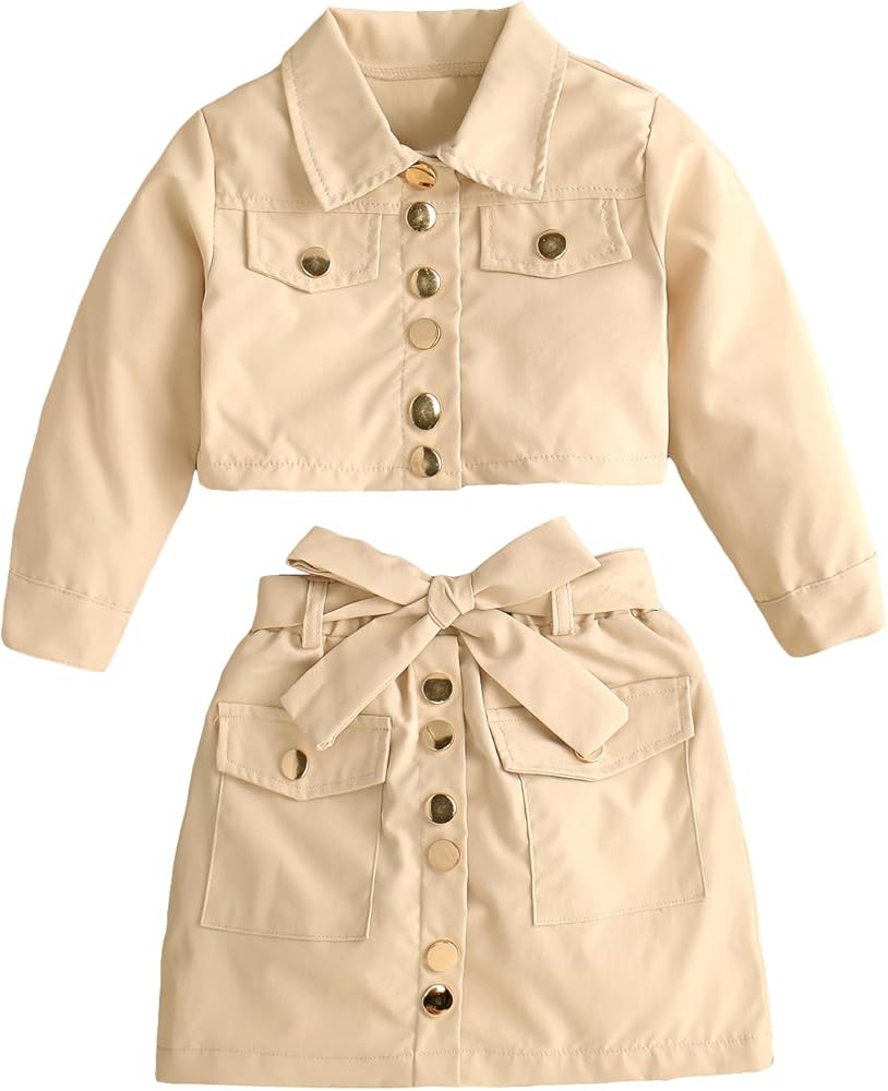 Floerns Toddler Girls 2 Piece Outfit Button Front Collared Jacket and Belted Skirt Set