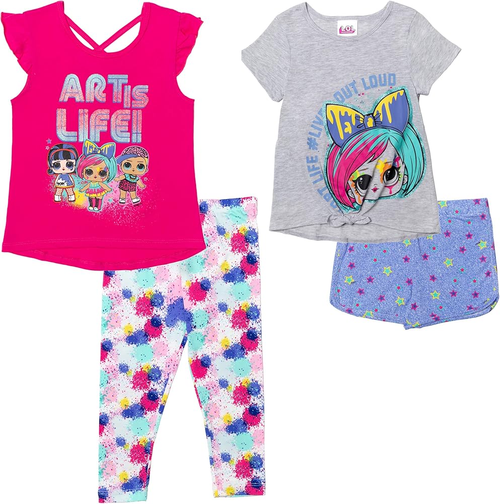 L.O.L. Surprise! Neon Q.T. Bon Bon Girls T-Shirts Dolphin Active Leggings and Shorts 4 Piece Outfit Set Toddler to Big Kid