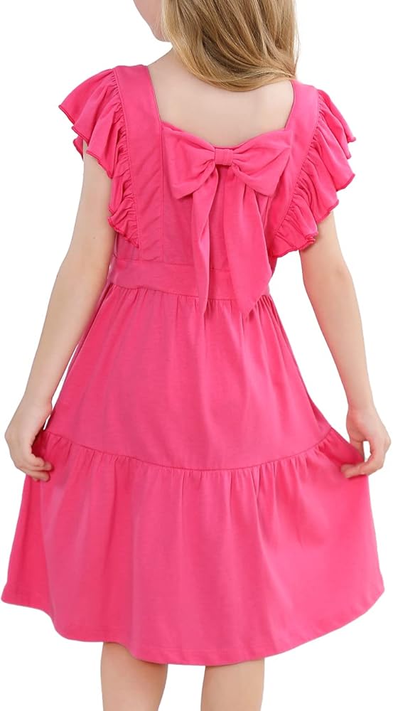 VASCHY Girls' Ruffle Dress Cut Open Back and Bow Detail for Special Occasions Swing Twirly Summer Dress Cotton