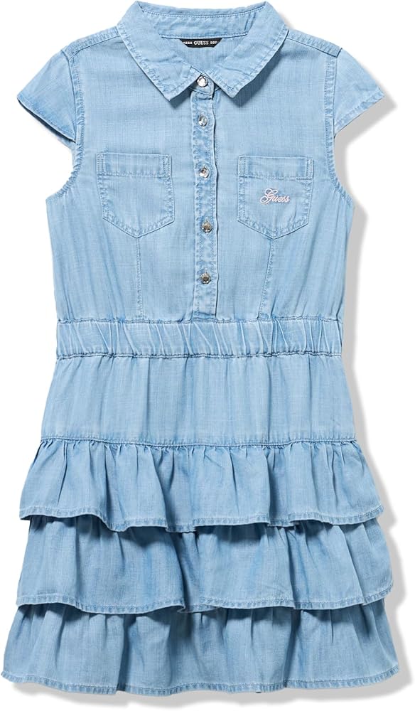 GUESS Girls' Short Sleeve Denim Ruffle Dress