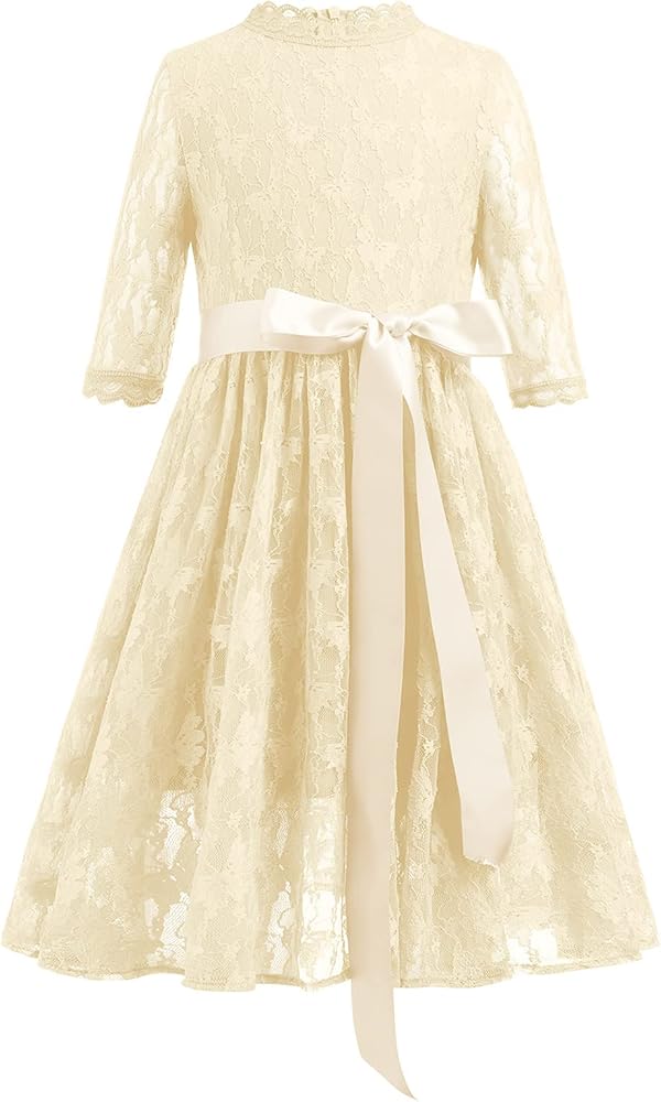 Flower Girl 3/4 Sleeves Fancy Vintage Lace Dress for Kids Junior Wedding Bridesmaid Pageant Party Princess Communion Gown