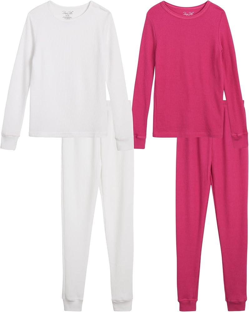 Rene Rofe Girls’ Thermal Underwear Set – 4 Piece Waffle Knit Top and Long Johns (2T-16)