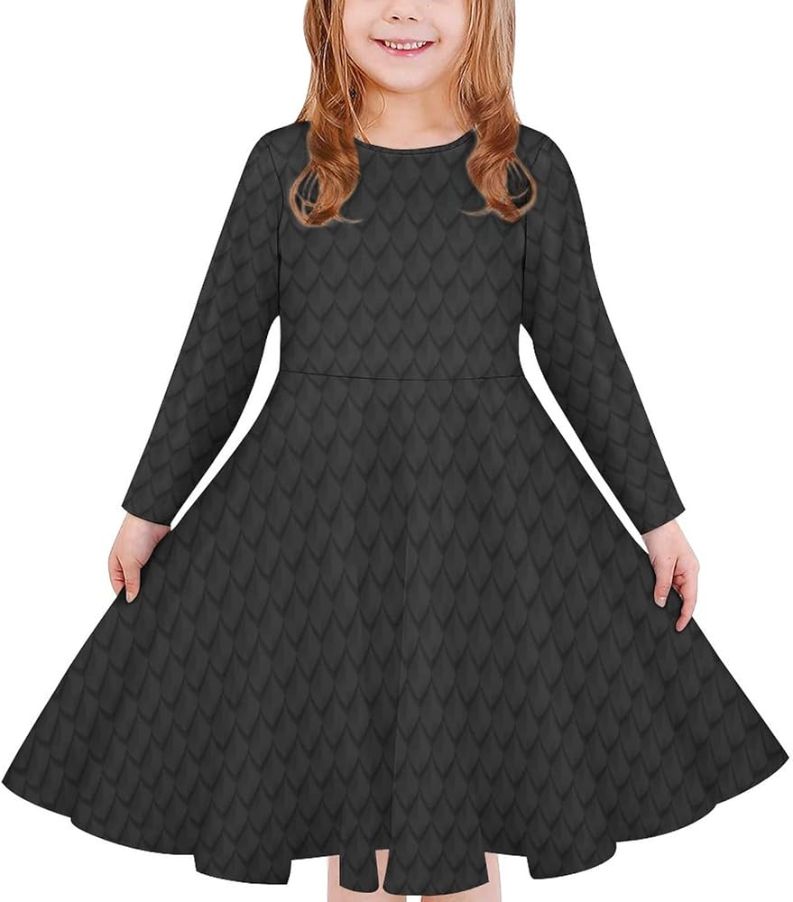 Black Dragon Scales Long Sleeve Dress for Girls Soft Casual Dresses