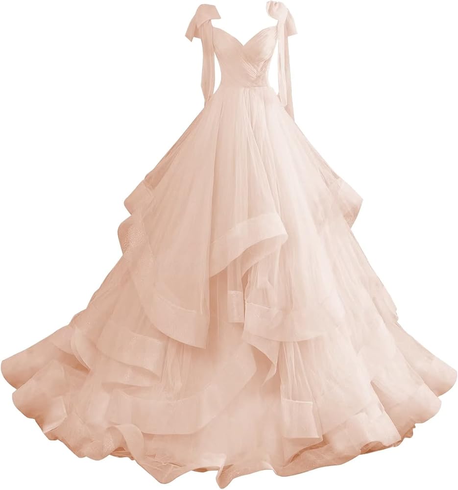 Layered Ruffles Tulle Prom Dress Spaghetti Straps Ball Gowns Bow Princess Quinceanera Dresses