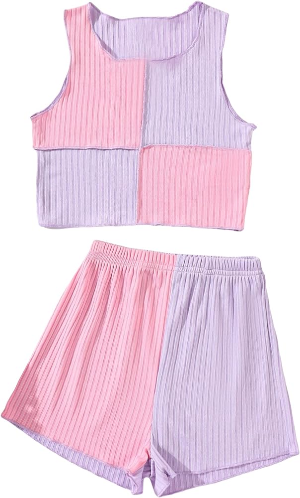 Milumia Girl's 2 Piece Outfits Rib Knit Color Block Lettuce Trim Tank Top and Shorts Set