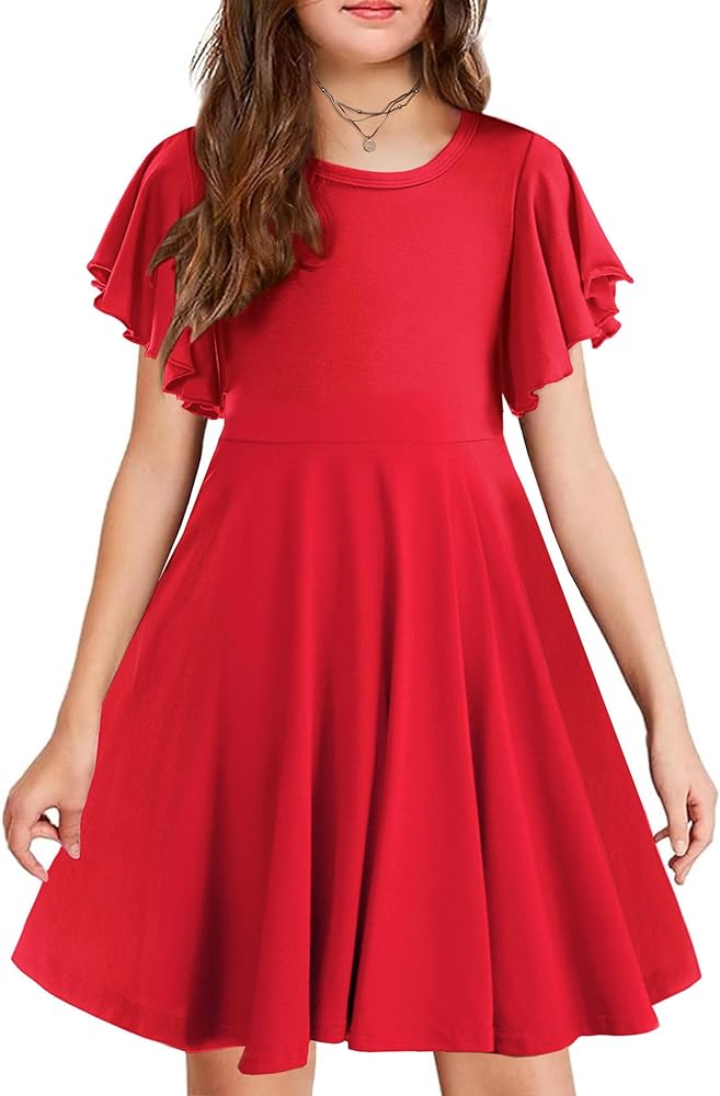 Arshiner Girls Dress Butterfly Sleeve Stretch A-Line Swing Skater Twirl School Dress with Pockets