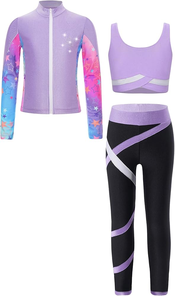 YiZYiF Kids Girls Figure Ice Skating Gym Training Suit Contrast Color Jacket Crop Top Sport Bra with Skating Pants Set