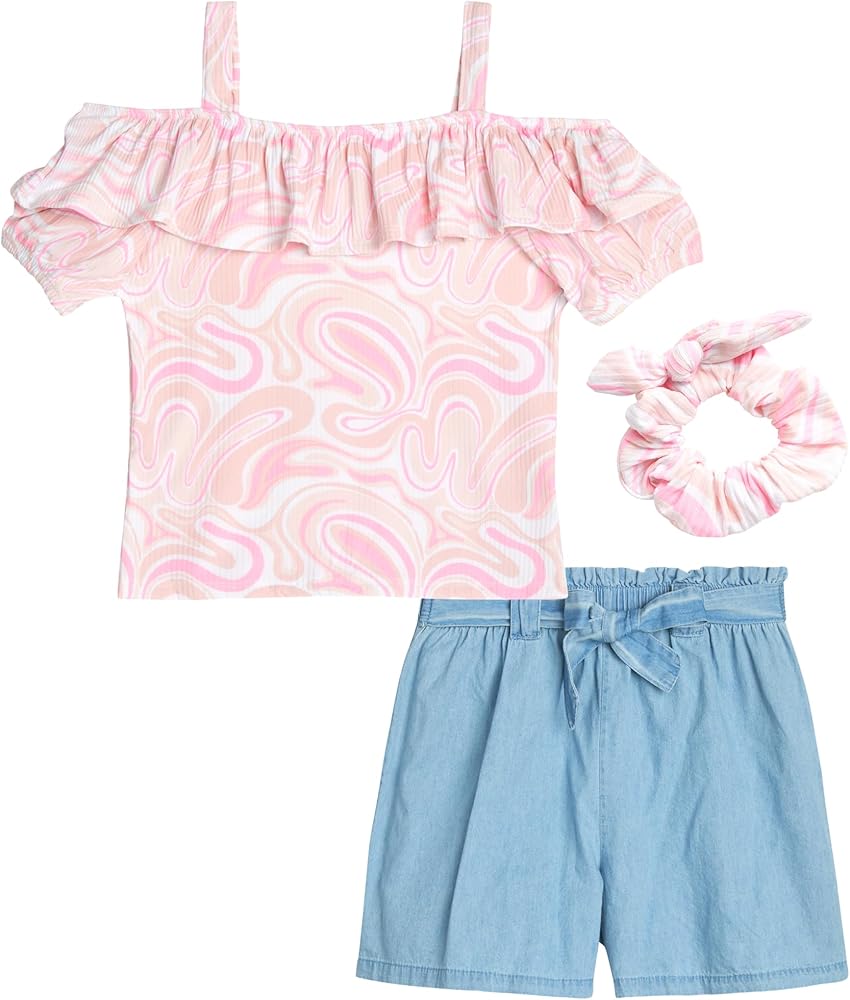 Girls' Shorts Set - 2 Piece Short Sleeve Crop Top and Woven Shorts - Clothing Set for Girls - Hair Accessory (7-12)