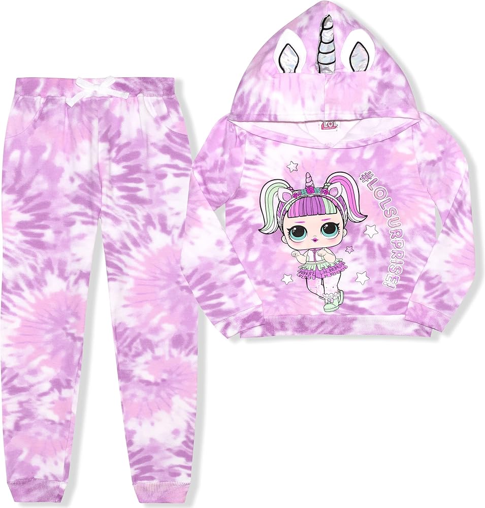 MGA Girl's 2-Pack LOL Surprise Jogger Pant Set with Hoodie, 3D Horn and Ears, Tie Dye Multi-Color