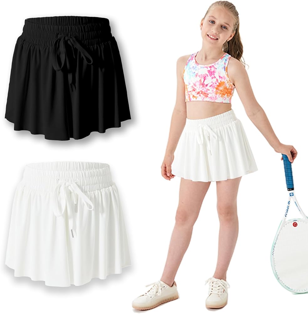 2-in-1 Butterfly Shorts Girls Flowy Shorts, Kids Girls Athletic Shorts with Spandex Liner and Side Pocket for Fitness