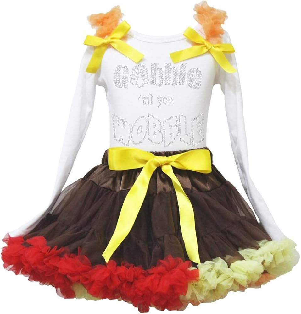 Petitebella Gobble Turkey White L/s Shirt Red Yellow Ruffle Skirt Set 1-8y