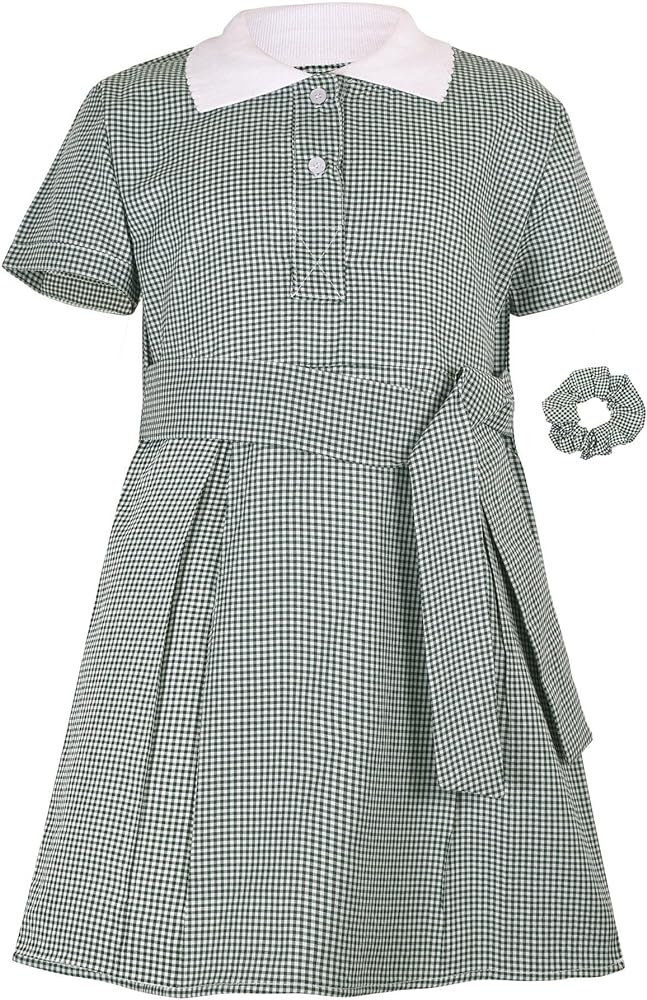 A2Z 4 Kids Girls Uniform School Dress Soft Comfortable Gingham Check Belted Summer Dresses With Matching Scrunchies Age 2-14