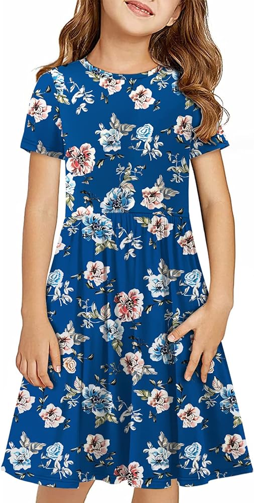 KYMIDY Girls Short Sleeve Floral Dress Kids Boho Casual Twirly Skater Dress with Pockets for Girls 6-13 Years